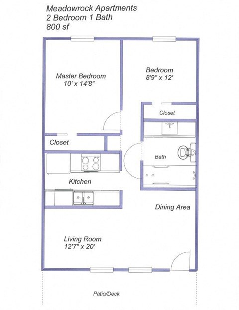 Floor plan for 2 beds, 1 bath, 800 sqft